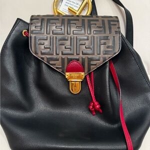 Fendi Black Leather Backpack with Brown FF Monogram Flap and Red Accents